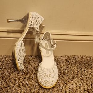 White Woven Slingback Heels with Ankle Strap